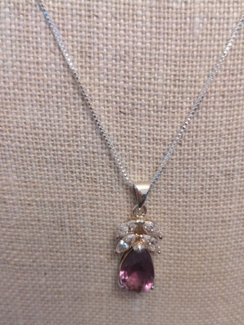 New QVC Amethyst & CZ sterling pendant, 20" long 925 box chain. Gift Box